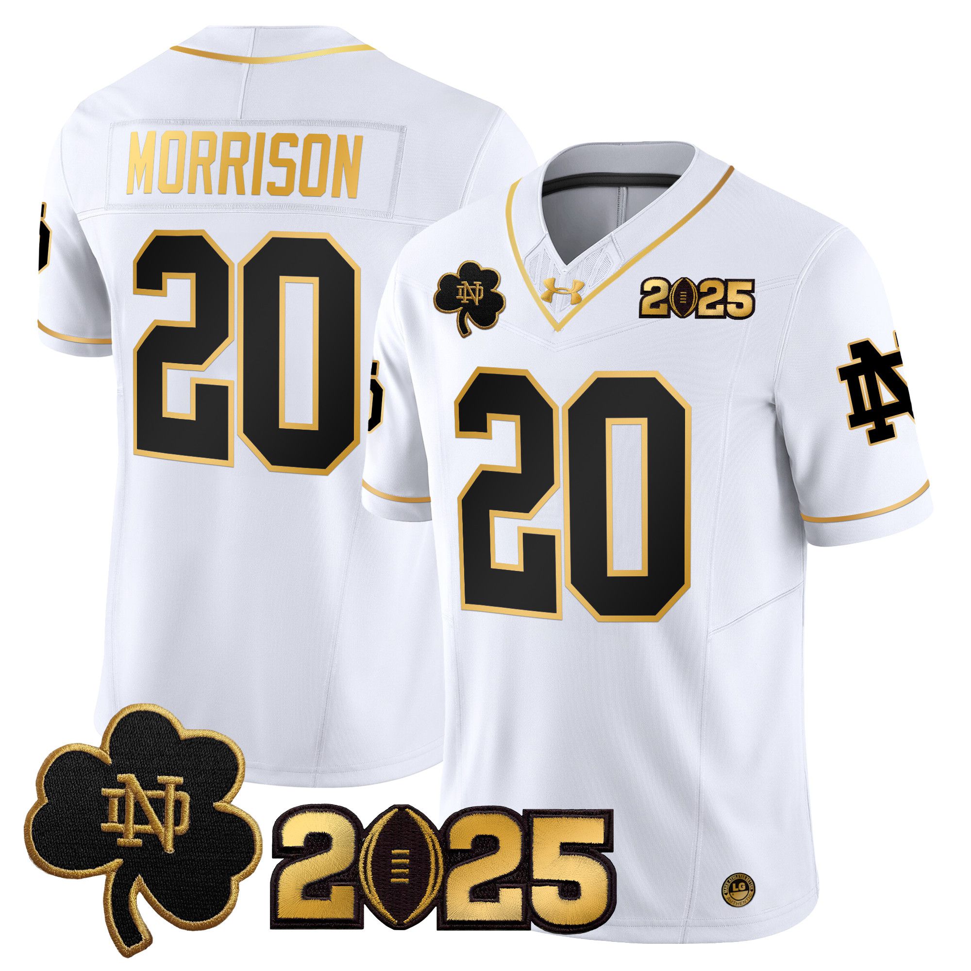 Men Notre Dame Fighting Irish #20 Morrison White 2025 CFP Final Patch Gold Vapor Limited NCAA Jersey